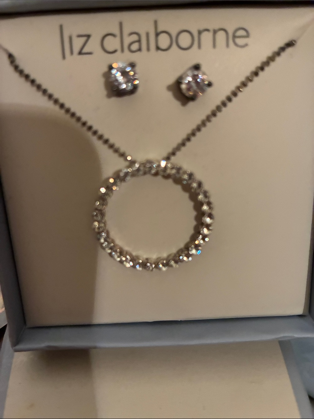 Liz Claiborne Silver Crystal Circle Pendant Necklace with Matching Studs